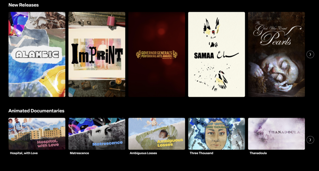 National Film Board of Canada streaming page showing rows of Canadian short-film collections, including New Releases and Animated Documentaries.